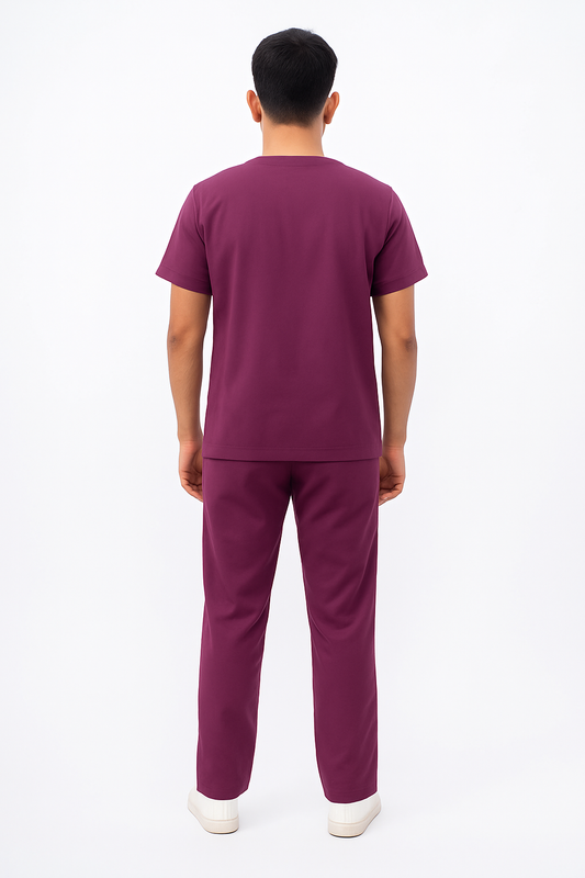Male Scrub Suit – 5 Pockets | Wine | Cotton-Blend Medical Uniform - Zylacia