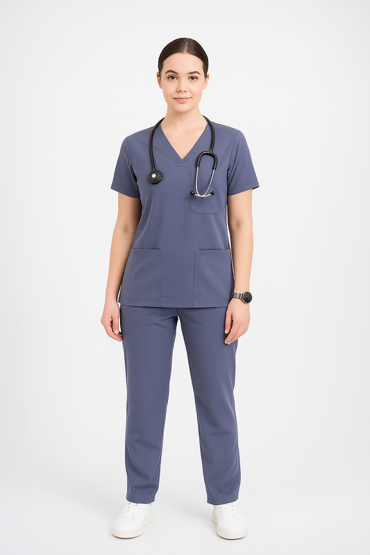 Women’s 5-Pocket Scrub Suit in Grey | Comfortable & Durable Cotton-Blend Medical Uniform