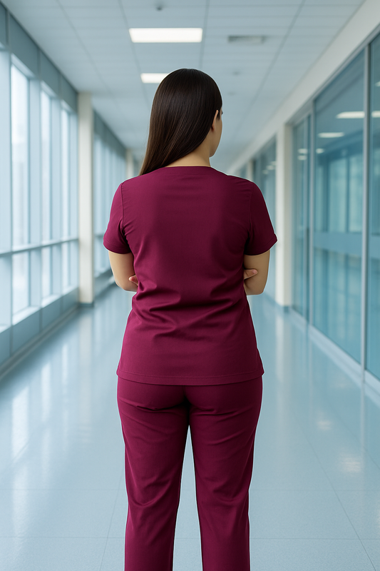 Women’s 5-Pocket Scrub Suit – Wine | Soft & Functional Cotton-Blend Medical Uniform