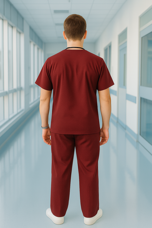 Men’s 5-Pocket Scrub Suit in Maroon | Comfortable & Breathable Cotton-Blend Medical Uniform