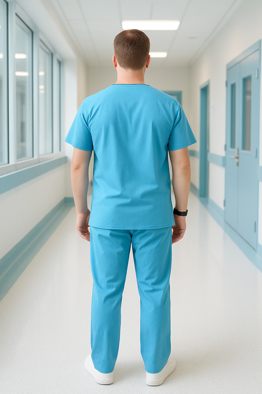 Men’s 5-Pocket Scrub Suit in Sky Blue | Soft & Durable Cotton-Blend Medical Uniform