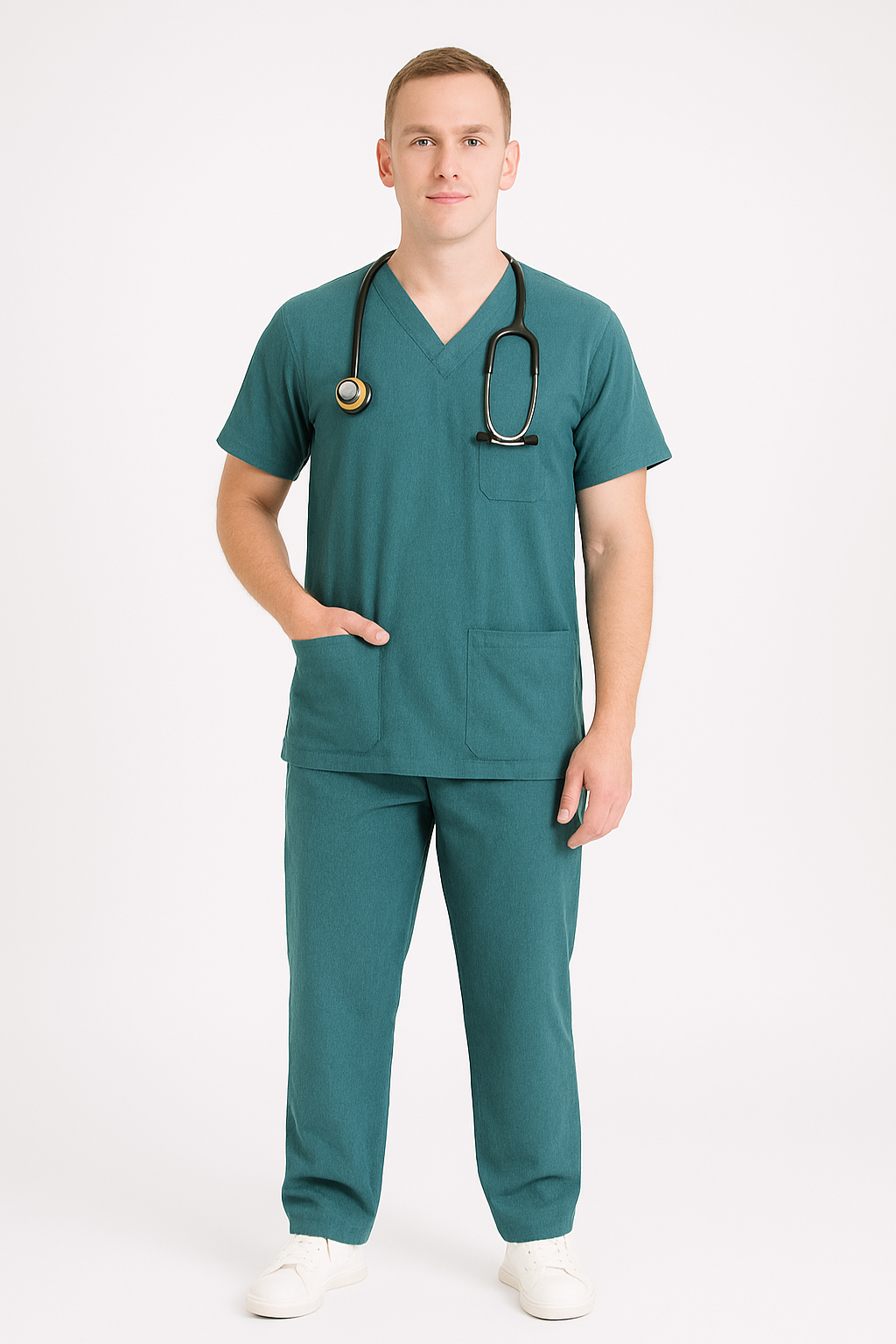 Male Scrub Suit – 5 Pockets | Bottle Green | Cotton-Blend Medical Uniform - Zylacia