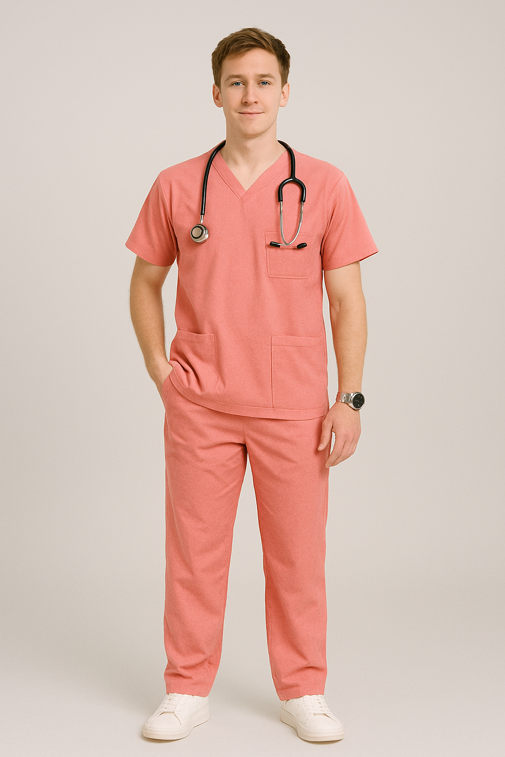 Male Scrub Suit – 5 Pockets | Pink | Comfortable & Durable Medical Uniform for Men - Zylacia