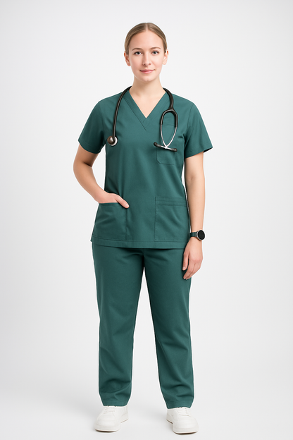 Female Scrub Suit – 5 Pockets | Bottle Green | Comfortable Cotton-Blend Medical Uniform for Women - Zylacia