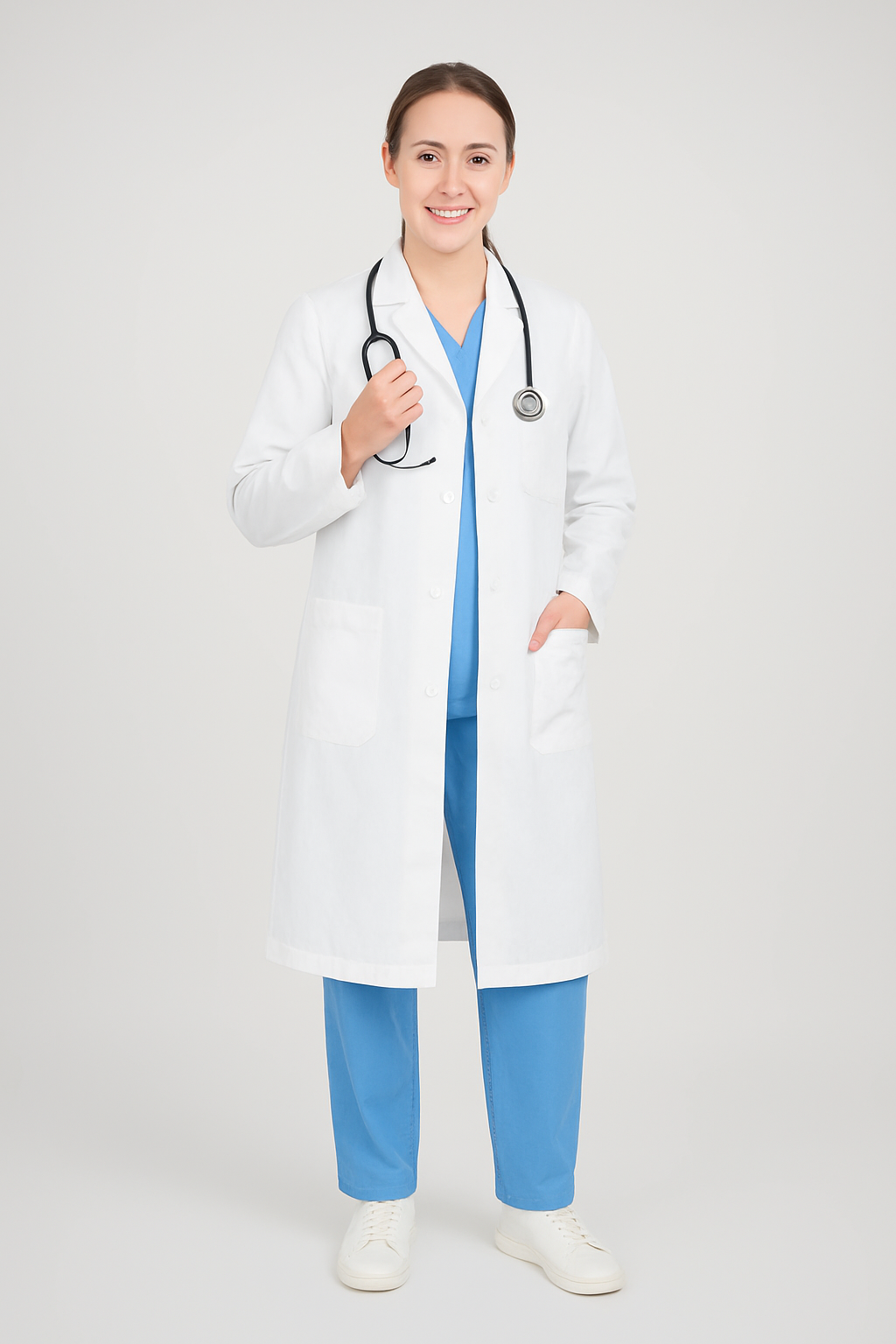 Full Sleeve Doctor Apron for Women – 3 Pockets | Long-Length White Medical Coat | Female Fit - Zylacia