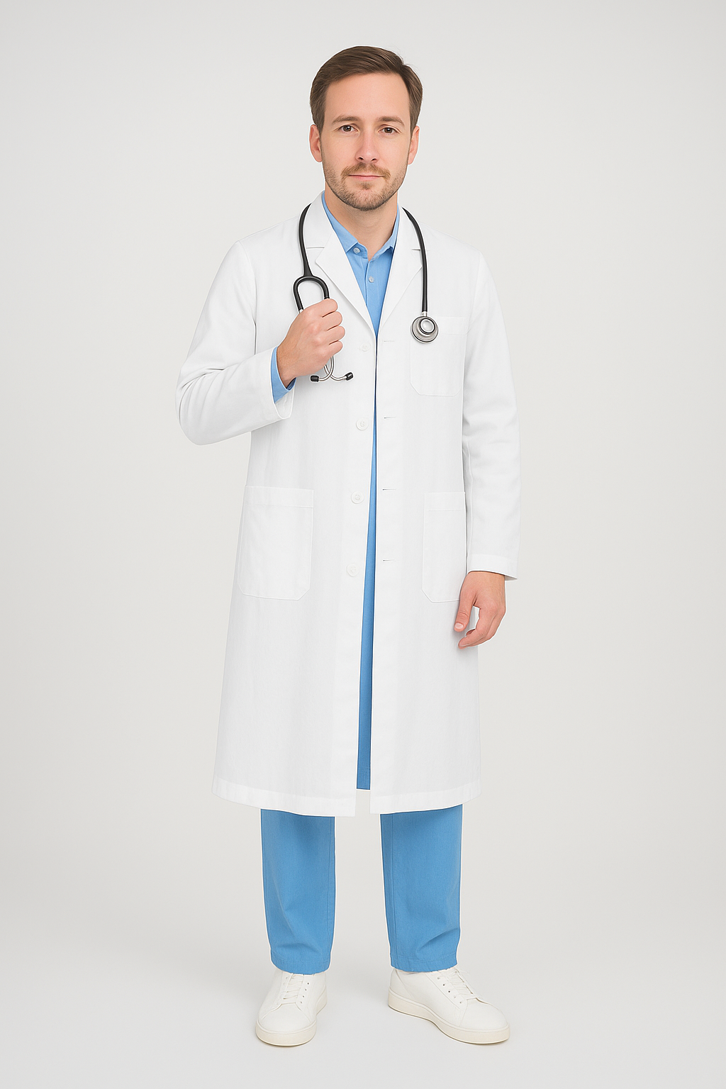Full Sleeve Doctor Apron for Men – 3 Pockets | Long-Length Medical Coat | White - Zylacia