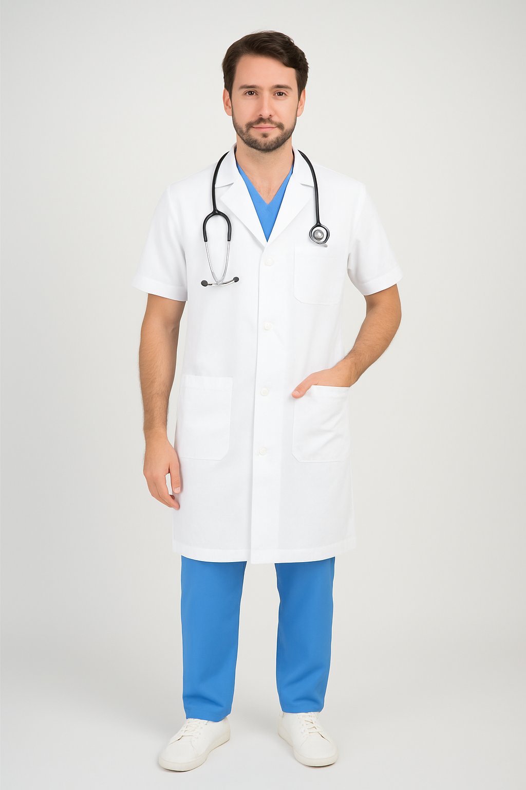 Half Sleeve Doctor Apron for Men – 3 Pockets | Long-Length Medical Coat | White - Zylacia