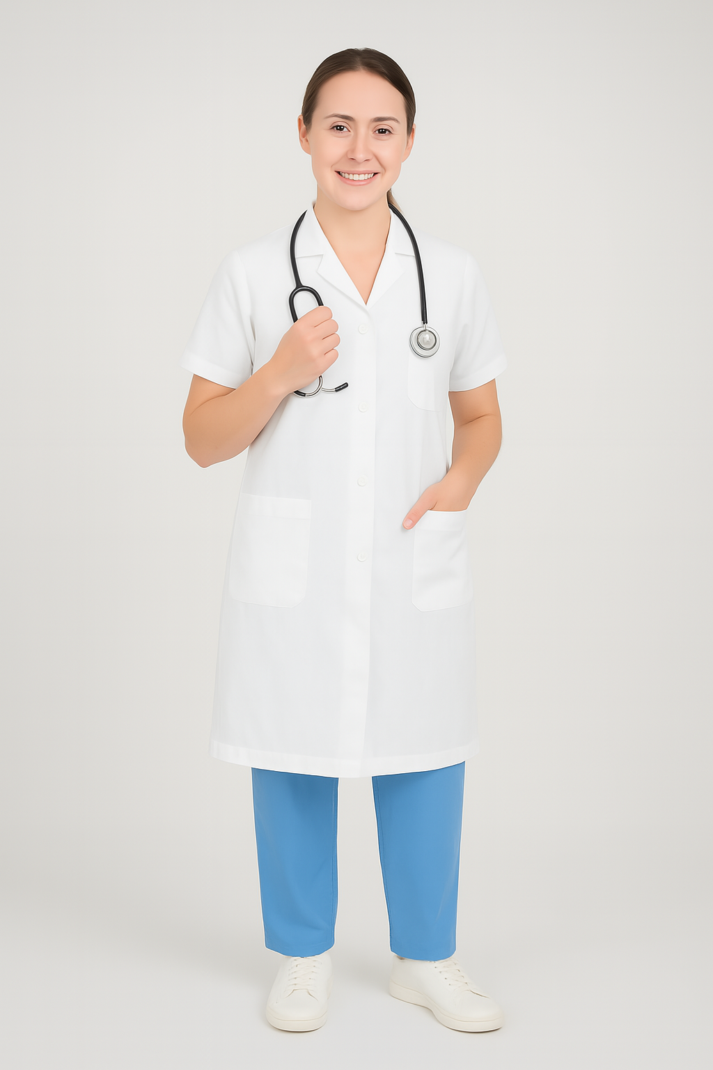 Half Sleeve Doctor Apron for Women – 3 Pockets | Long-Length White Medical Coat | Female Fit - Zylacia