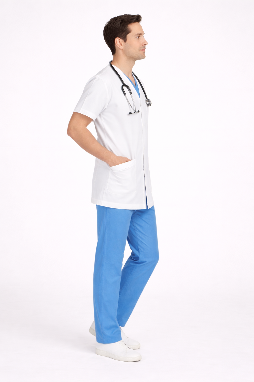 Half Sleeve Doctor Apron for Men – 3 Pockets | Short Medical Coat | White