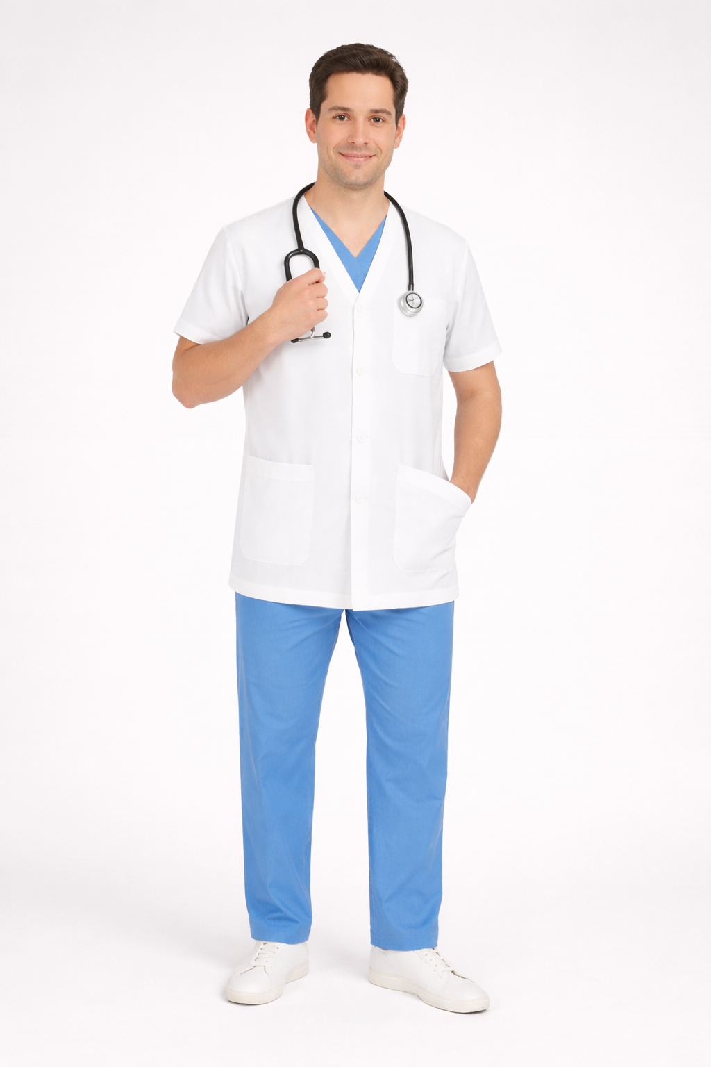 Half Sleeve Doctor Apron for Men – 3 Pockets | Short Medical Coat | White