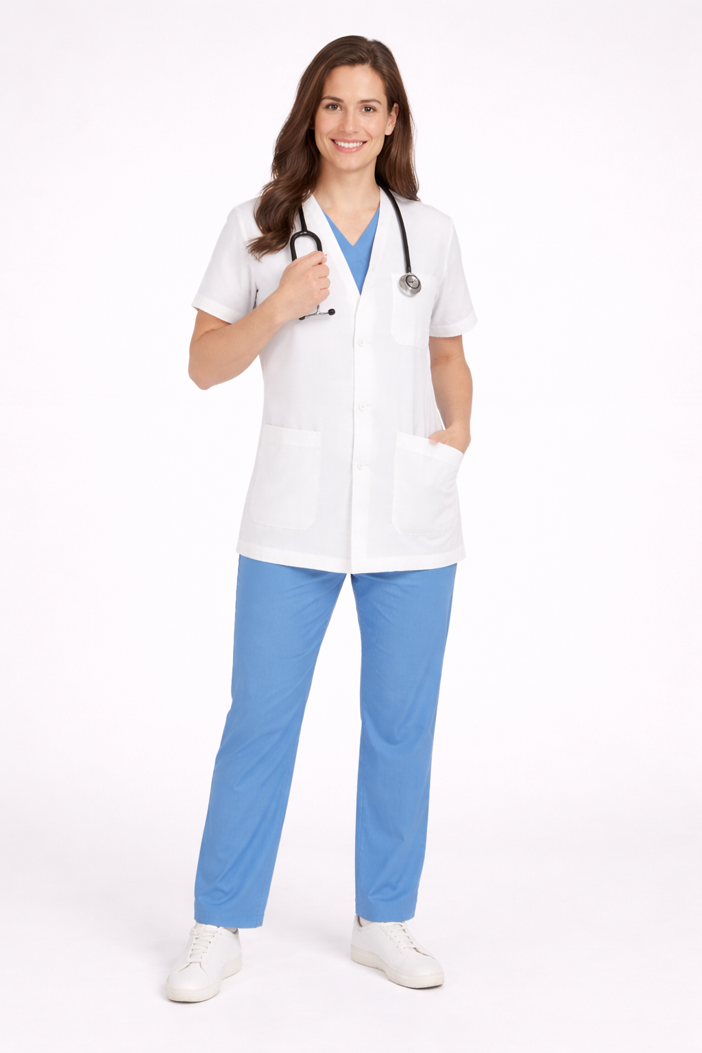 Half Sleeve Doctor Apron for Women – 3 Pockets | Short Medical Coat | White