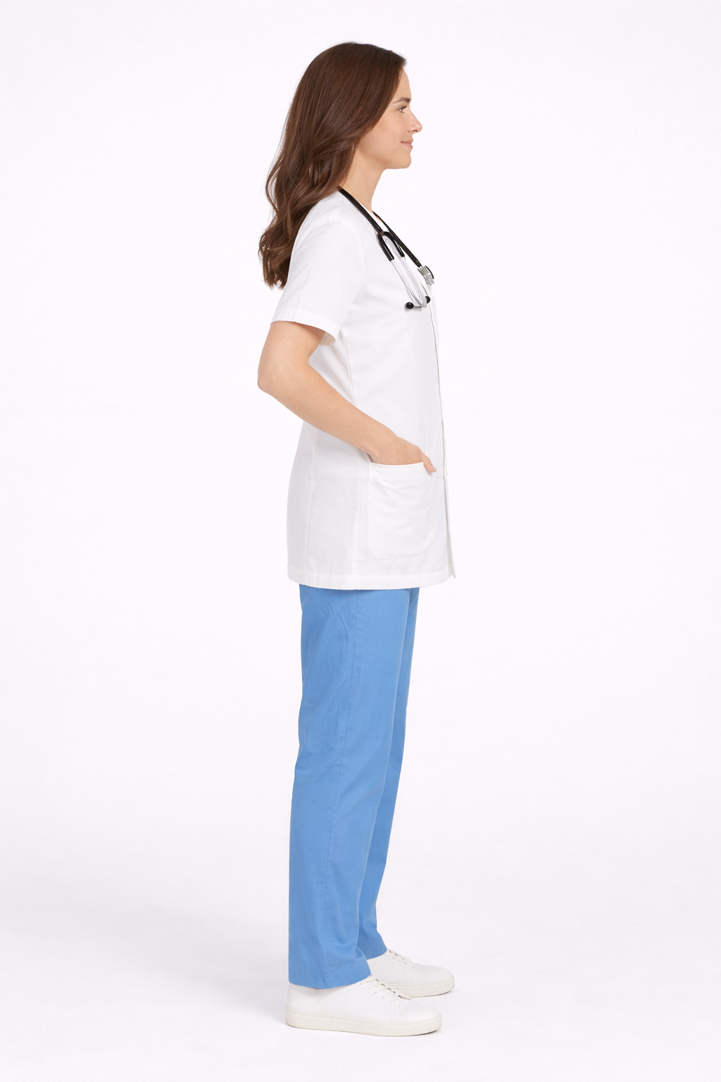 Half Sleeve Doctor Apron for Women – 3 Pockets | Short Medical Coat | White