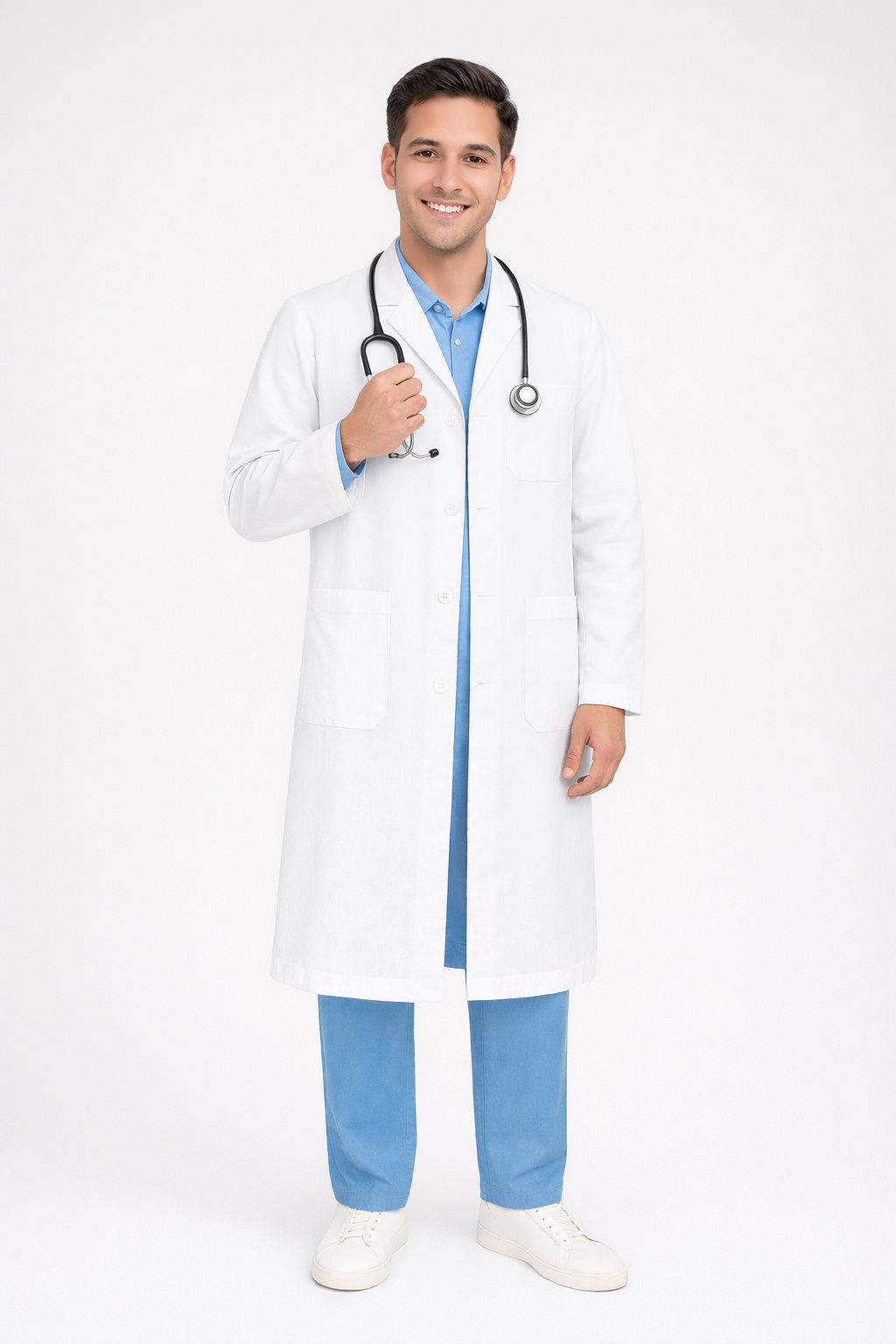 Full Sleeve Doctor Apron for Men – 3 Pockets | Long-Length Medical Coat | White