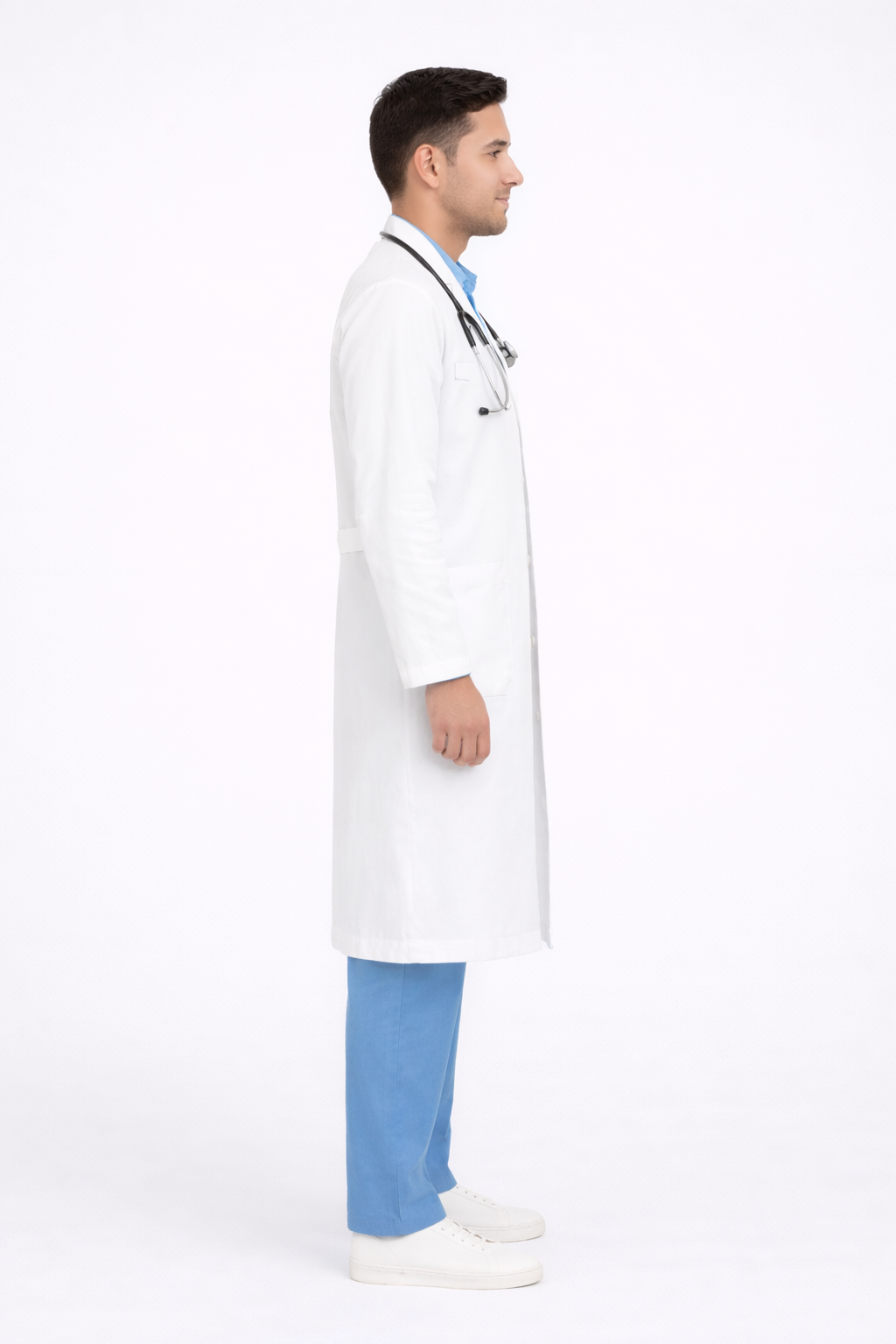 Full Sleeve Doctor Apron for Men – 3 Pockets | Long-Length Medical Coat | White