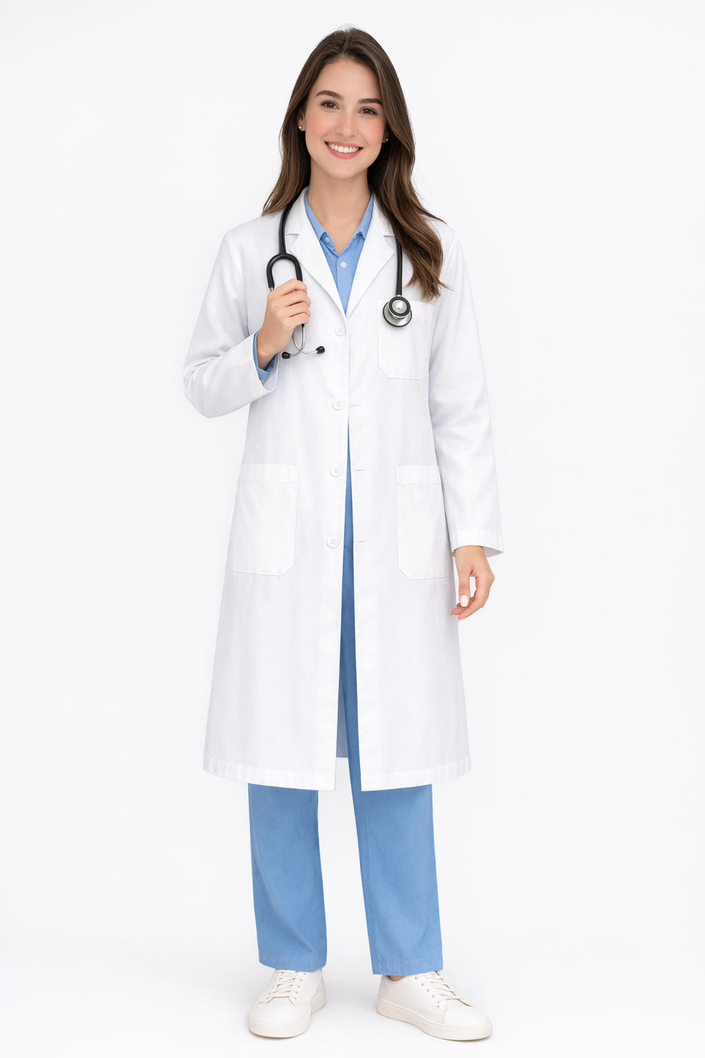 Full Sleeve Doctor Apron for Women – 3 Pockets | Long-Length White Medical Coat | Female Fit