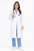 Full Sleeve Doctor Apron for Women – 3 Pockets | Long-Length White Medical Coat | Female Fit