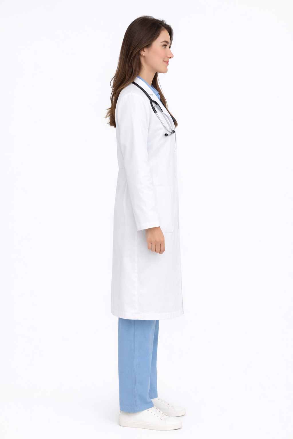 Full Sleeve Doctor Apron for Women – 3 Pockets | Long-Length White Medical Coat | Female Fit