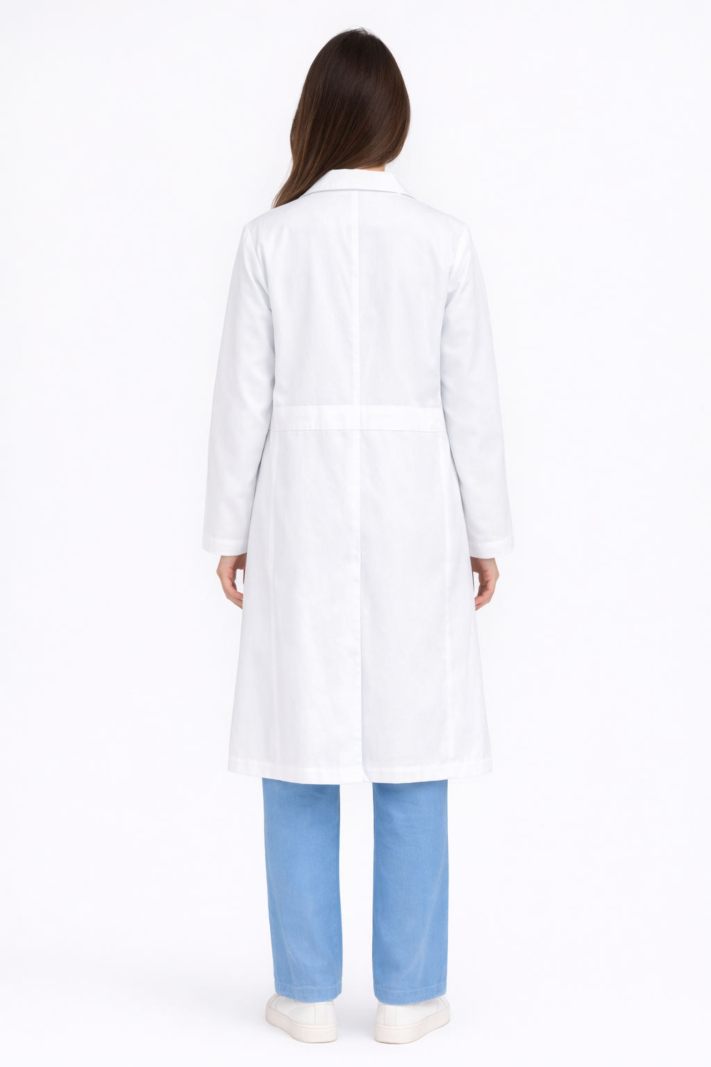 Full Sleeve Doctor Apron for Women – 3 Pockets | Long-Length White Medical Coat | Female Fit