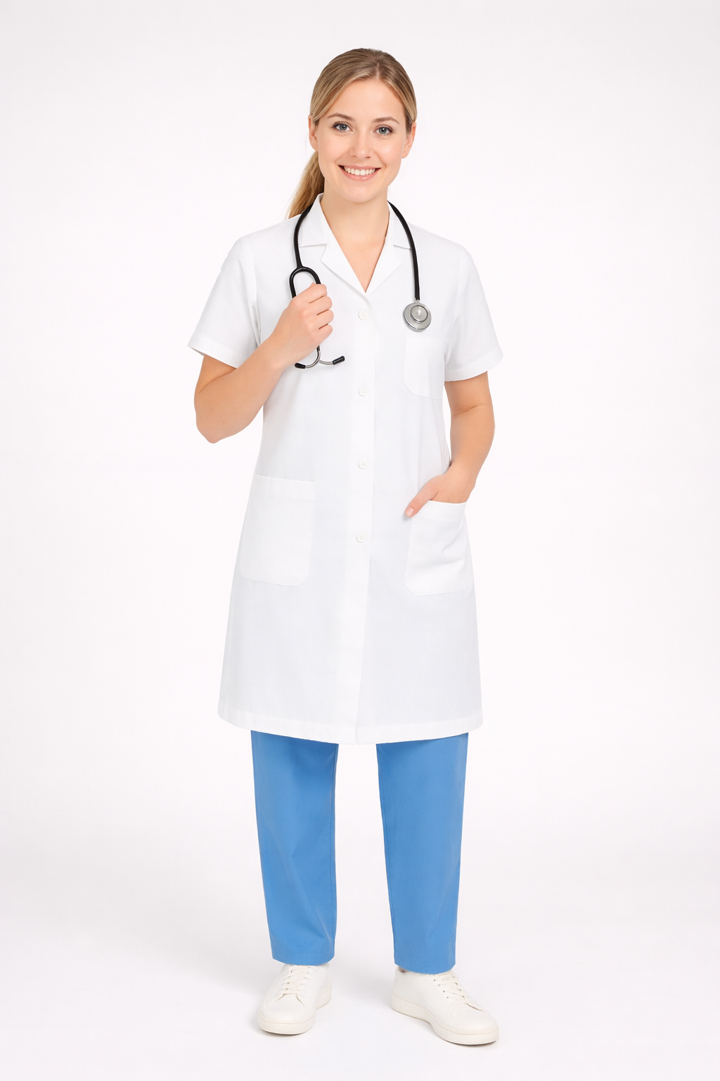 Half Sleeve Doctor Apron for Women – 3 Pockets | Long-Length White Medical Coat | Female Fit