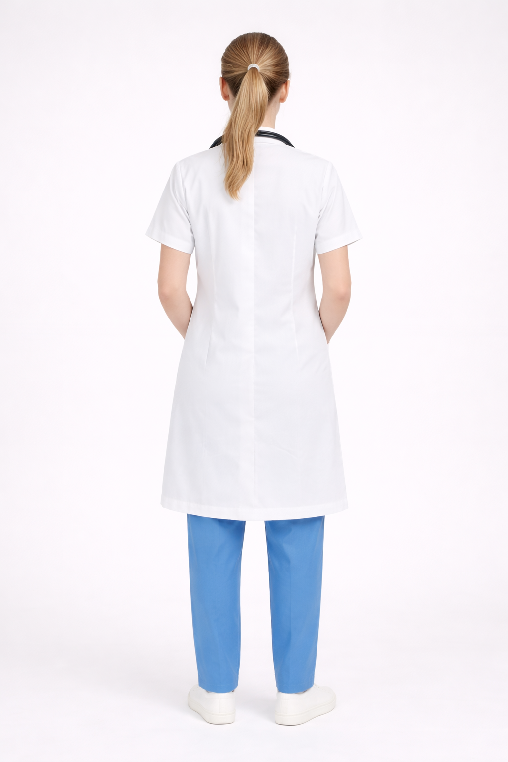 Half Sleeve Doctor Apron for Women – 3 Pockets | Long-Length White Medical Coat | Female Fit