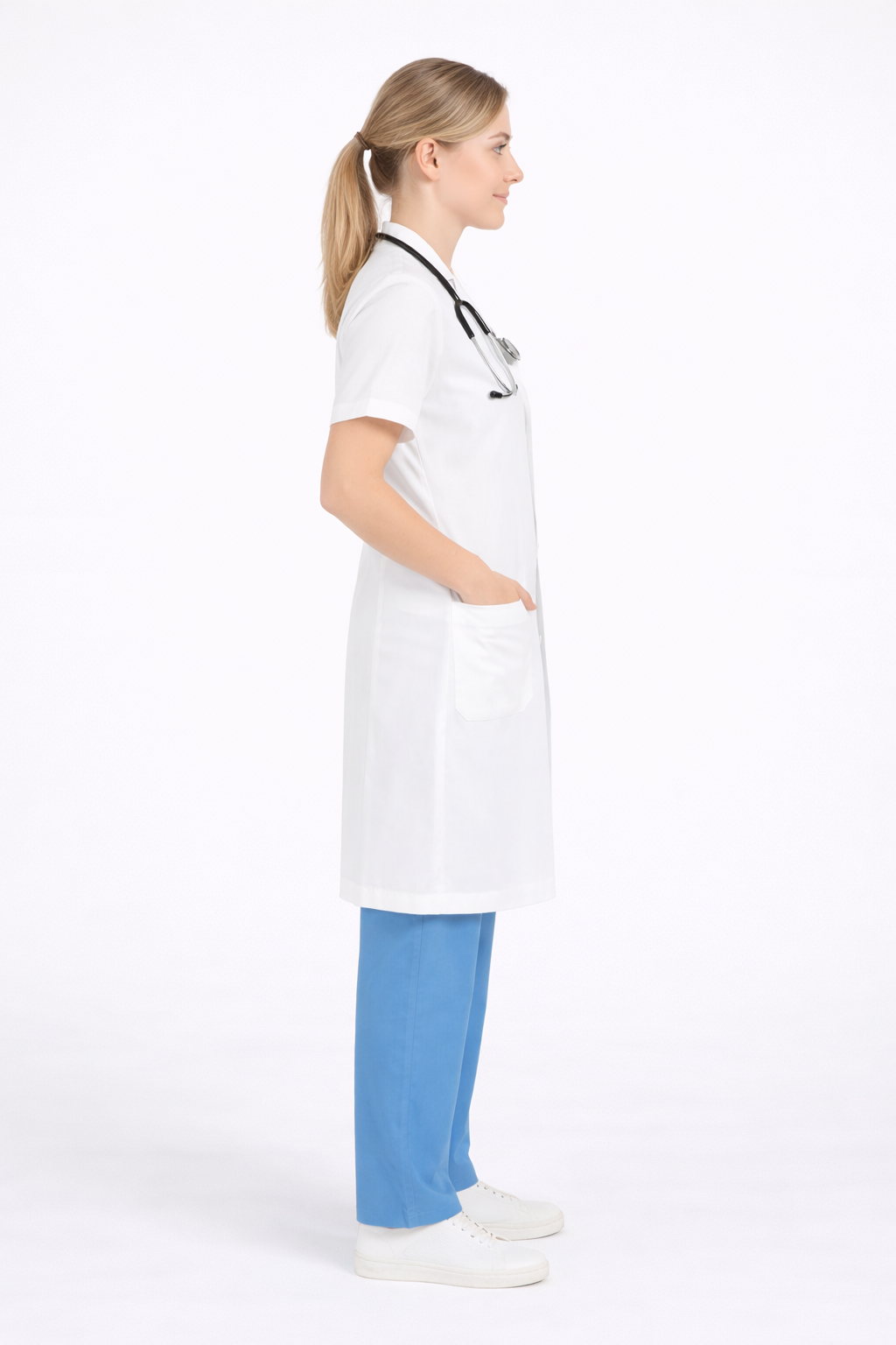 Half Sleeve Doctor Apron for Women – 3 Pockets | Long-Length White Medical Coat | Female Fit