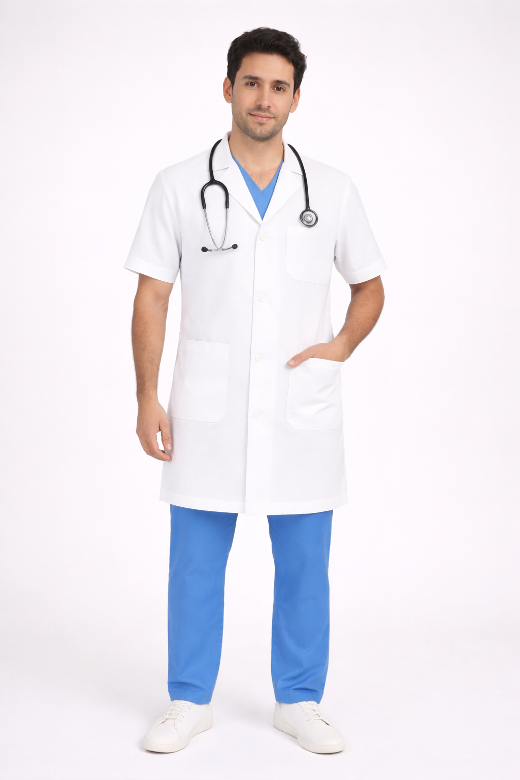 Half Sleeve Doctor Apron for Men – 3 Pockets | Long-Length Medical Coat | White