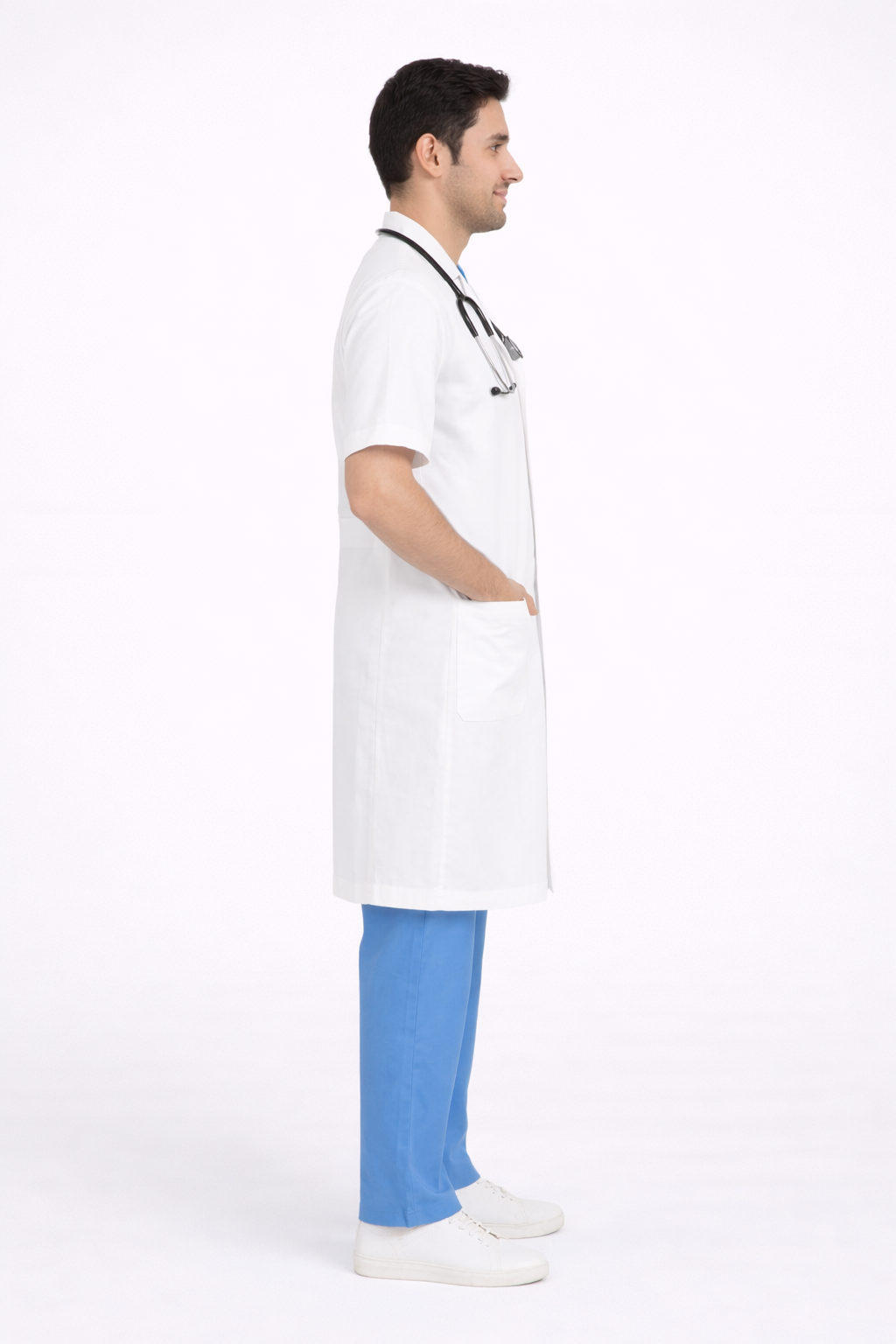 Half Sleeve Doctor Apron for Men – 3 Pockets | Long-Length Medical Coat | White