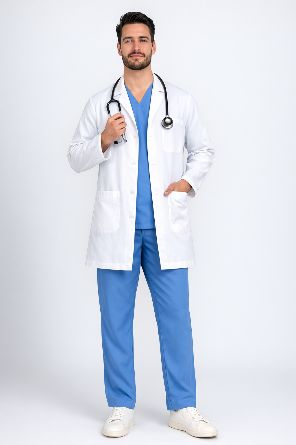 Full Sleeve Doctor Apron for Men – 3 Pockets | Short Medical Coat | White