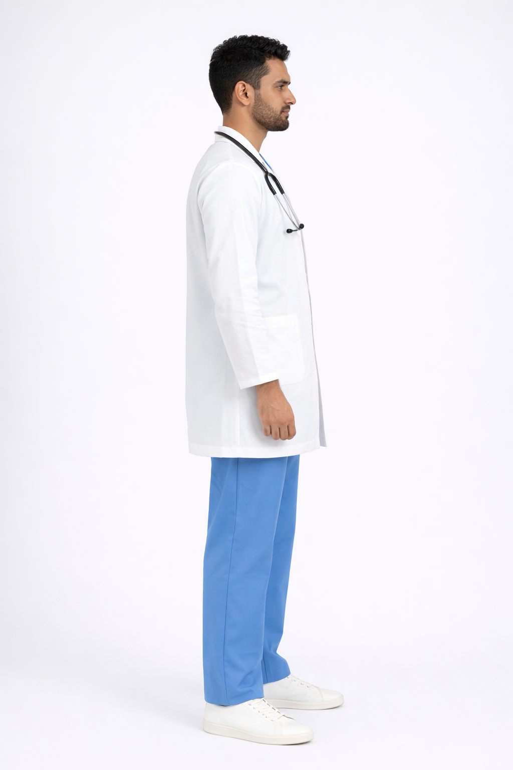 Full Sleeve Doctor Apron for Men – 3 Pockets | Short Medical Coat | White