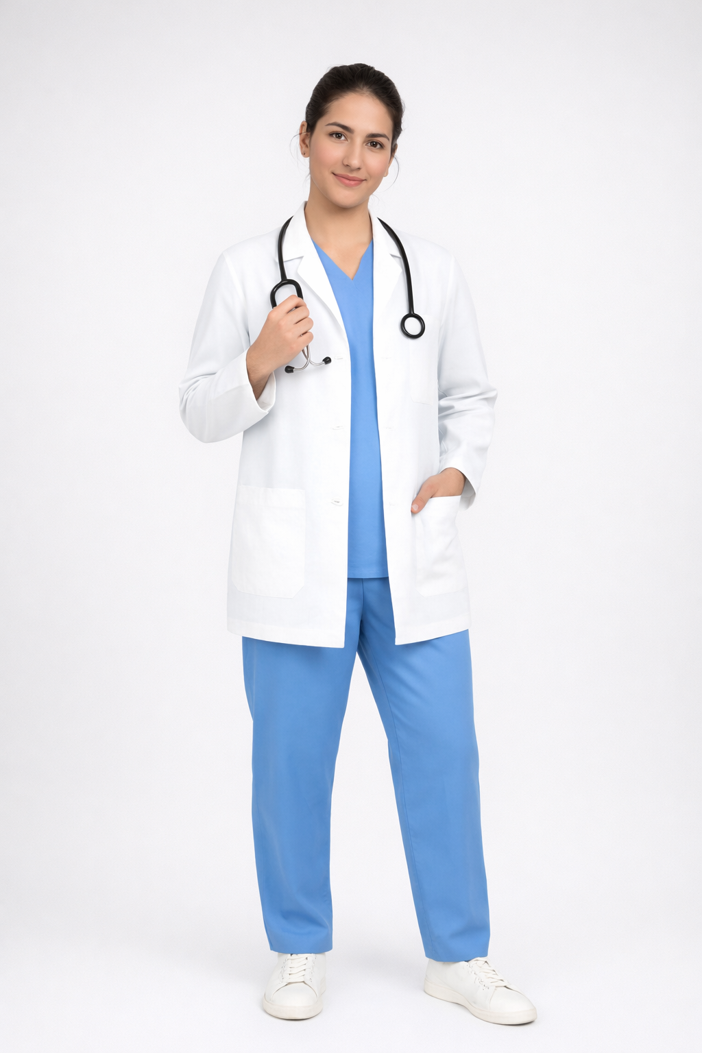 Full Sleeve Doctor Apron for Women – 3 Pockets | Short Medical Coat | White
