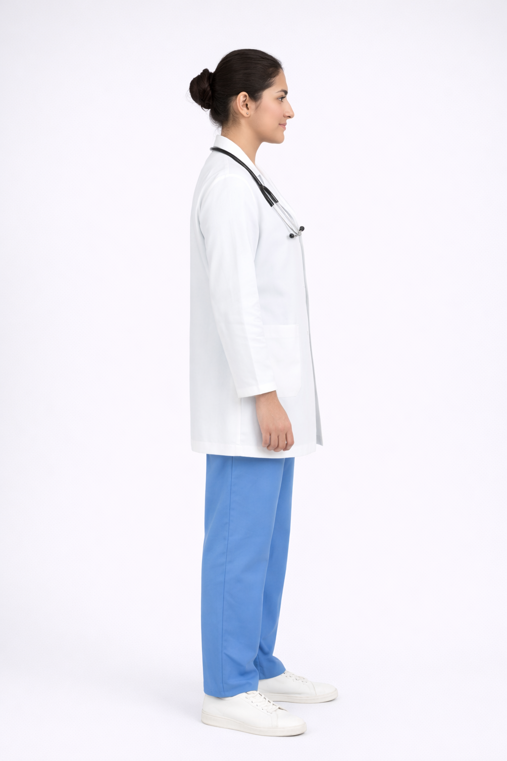 Full Sleeve Doctor Apron for Women – 3 Pockets | Short Medical Coat | White