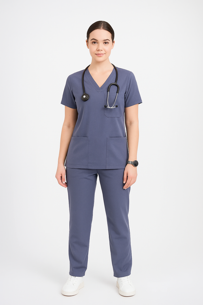 Women’s 5-Pocket Scrub Suit in Grey | Comfortable & Durable Cotton-Blend Medical Uniform
