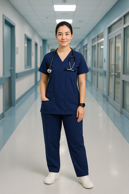 Women’s 5-Pocket Scrub Suit in Navy Blue | Comfortable & Breathable Cotton-Blend Medical Uniform