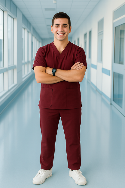 Men’s 5-Pocket Scrub Suit in Maroon | Comfortable & Breathable Cotton-Blend Medical Uniform