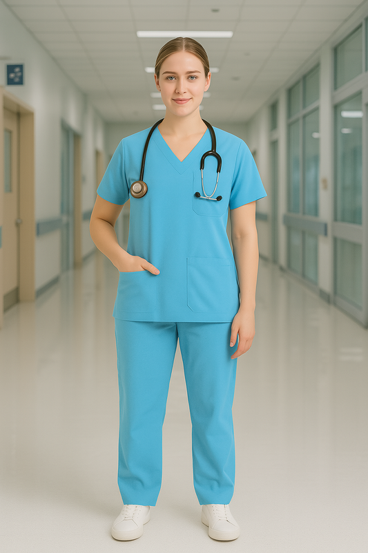 Women’s 5-Pocket Scrub Suit in Sky Blue | Comfortable & Breathable Cotton-Blend Medical Uniform