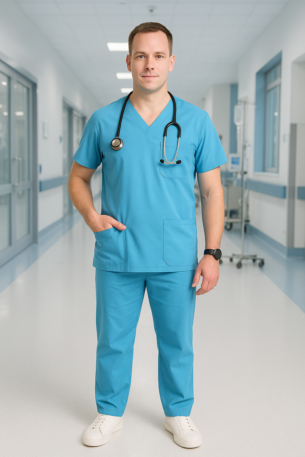 Men’s 5-Pocket Scrub Suit in Sky Blue | Soft & Durable Cotton-Blend Medical Uniform