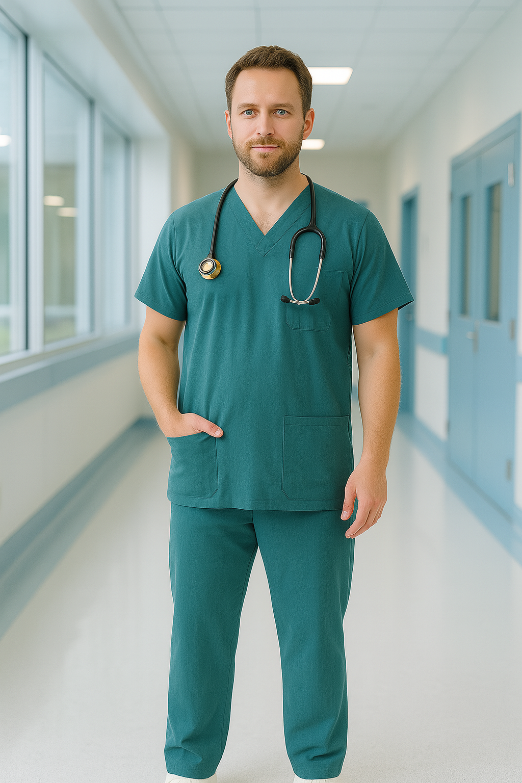 Men’s 5-Pocket Scrub Suit – Teal | Comfortable Cotton-Blend Medical Uniform