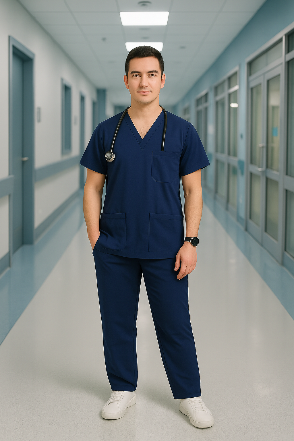 Men’s 5-Pocket Scrub Suit in Navy Blue | Comfortable & Durable Cotton-Blend Medical Uniform