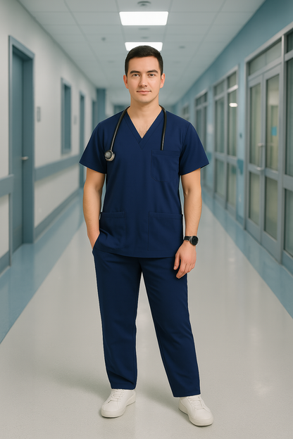 Men’s 5-Pocket Scrub Suit in Navy Blue | Comfortable & Durable Cotton-Blend Medical Uniform