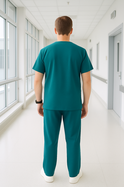 Men’s 5-Pocket Scrub Suit in Bottle Green | Comfortable & Durable Cotton-Blend Medical Uniform