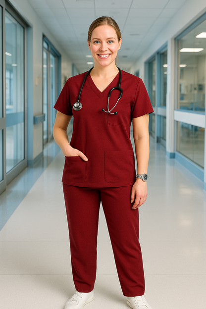 Women’s 5-Pocket Scrub Suit in Maroon | Comfortable & Breathable Cotton-Blend Medical Uniform