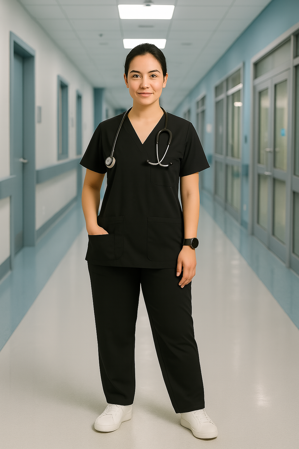 Women’s 5-Pocket Scrub Suit in Black | Breathable & Comfortable Cotton-Blend Medical Uniform