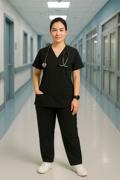 Women’s 5-Pocket Scrub Suit in Black | Breathable & Comfortable Cotton-Blend Medical Uniform