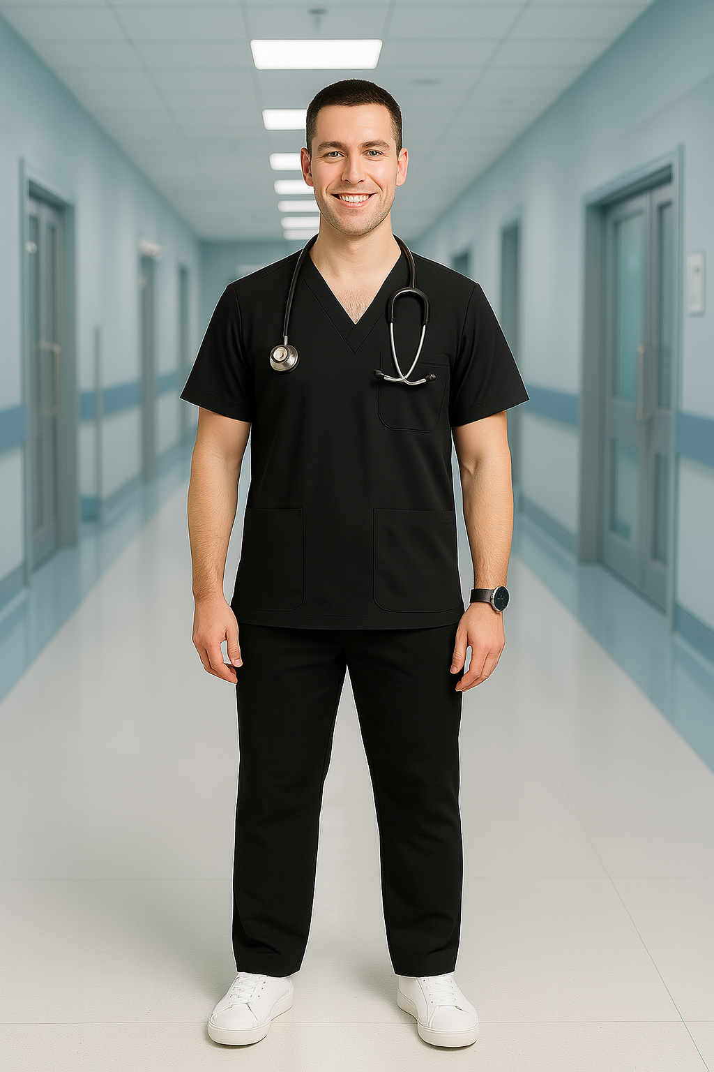 Men’s 5-Pocket Scrub Suit in Black | Comfortable & Breathable Cotton-Blend Medical Uniform