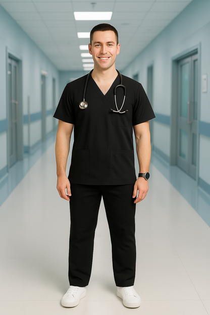 Men’s 5-Pocket Scrub Suit in Black | Comfortable & Breathable Cotton-Blend Medical Uniform