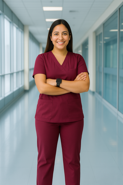 Women’s 5-Pocket Scrub Suit – Wine | Soft & Functional Cotton-Blend Medical Uniform