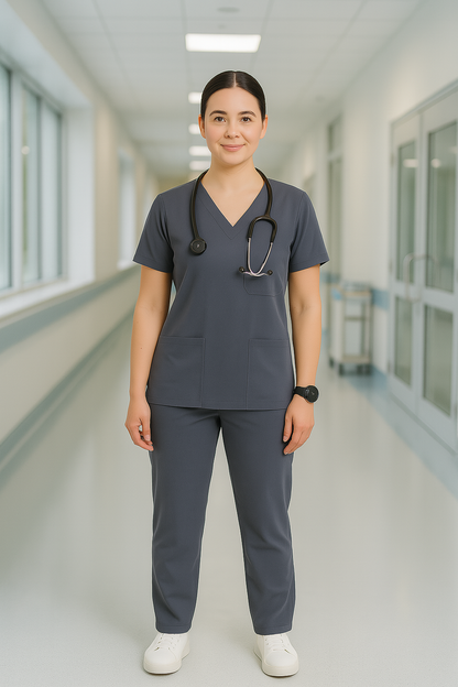 Women’s 5-Pocket Scrub Suit in Grey | Comfortable & Durable Cotton-Blend Medical Uniform