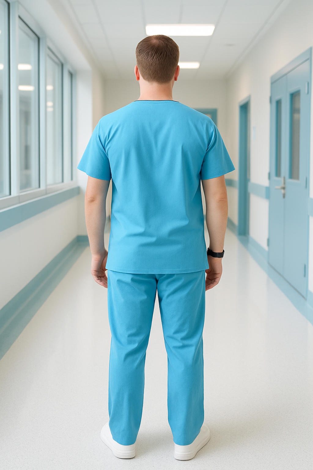 Men’s 5-Pocket Scrub Suit in Sky Blue | Soft & Durable Cotton-Blend Medical Uniform