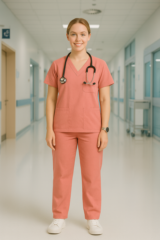 Women’s 5-Pocket Scrub Suit in Pink | Soft & Comfortable Cotton-Blend Medical Uniform