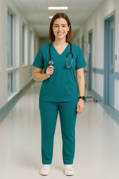 Women’s 5-Pocket Scrub Suit – Teal | Soft & Durable Cotton-Blend Medical Uniform